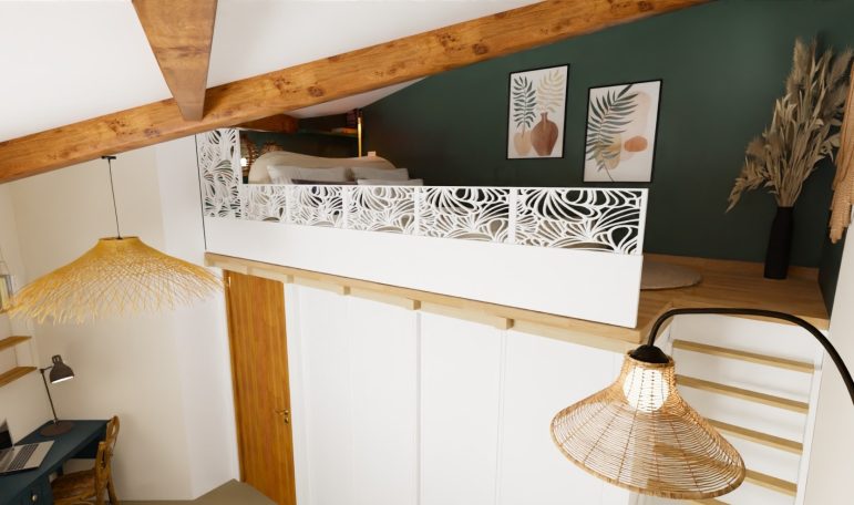 Organisation et aménagement intérieure d'une chambre avec mezzanine Aménagement et décoration d'une chambre avec mezzanine optimisée et organisée: espace bureau, couchage, dressing distincts
