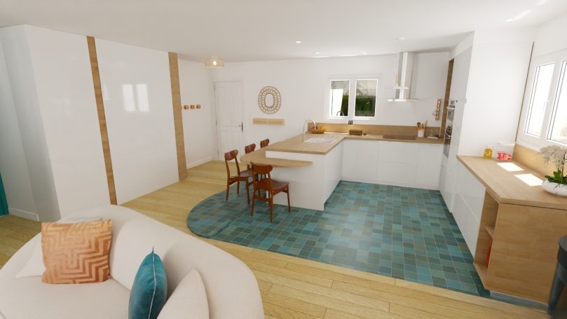 Visuel d'une rénovation de cuisine ouverte blanche et bois et espace repas à Ayguesvives Aménagement d’une cuisine ouverte lumineuse aux tons blanc et bois, intégrée dans une pièce de vie optimisée à Ayguesvives