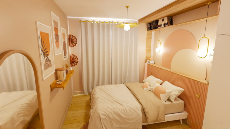 Conception de visuels en vue de la rénovation de la chambre parentale à Ayguesvives Rénovation de la chambre parentale à Ayguesvives : rose poudrée et chaleur naturelle du bois pour un espace couchage apaisant.