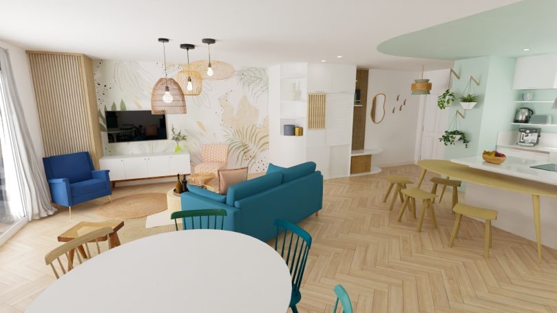 Photo réaliste d'une pièce de vie rénovée et aménagée Conception 3D d'un salon avec un espace bureau invisible, matériaux et meubles chaleureux, teintes harmonieuses - aménagement et décoration