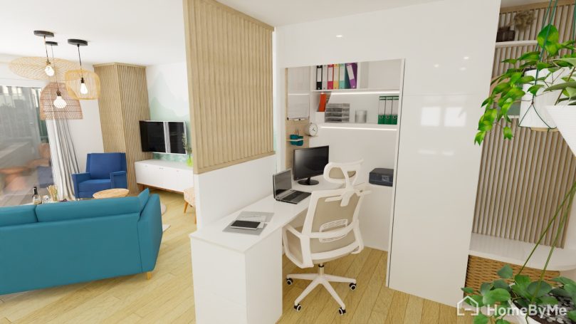 Aménagement intérieur optimisé avec bureau intégré modulable dans le Lauragais Coin bureau fonctionnel intégré dans un salon, optimisant l’espace et la luminosité pour un intérieur pratique et esthétique.