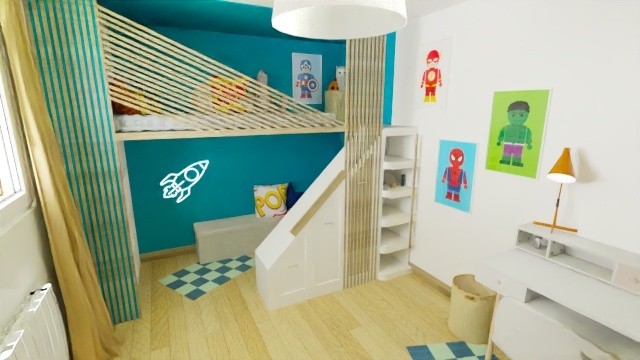 Aménagement sur mesure de la chambre d'enfant à Toulouse Aménagement intérieur sur mesure d'une chambre d'enfant à Toulouse: lit en hauteur, espace de jeux, meubles de rangement organisés