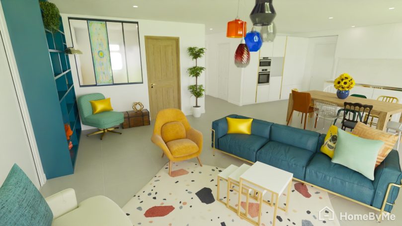 Conception de l'aménagement et la décoration de l'espace de vie dans le Lauragais. Conception de l'aménagement d'une pièce de vie: salon coloré et chic, mix and match de mobiliers, matières et de styles dans le Lauragais